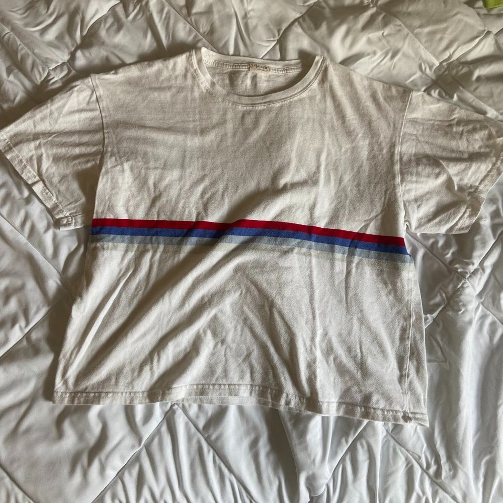 Brandy Melville John Galt White Cropped Short Sleeve Tee w/Red Blue Grey Stripes